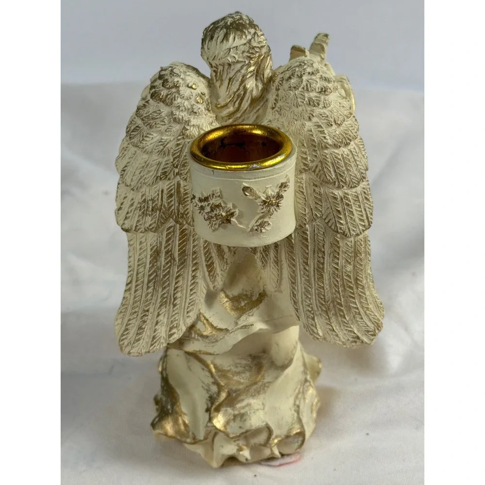 Vintage Angel Figurine Candle Holder Harp Player Cream Gold Resin 5.5 Inch